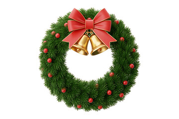 Festive evergreen wreath adorned with red berries, bells, and a decorative bow.