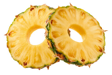 Two slices of pineapple showcase vibrant yellow flesh and textured green rinds.