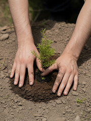 Hands gently planting a young seedling in dark earth, nurturing growth and new beginnings.