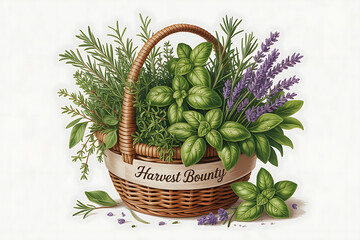 Wicker basket overflows with fresh herbs and flowers, showcasing a bountiful harvest.
