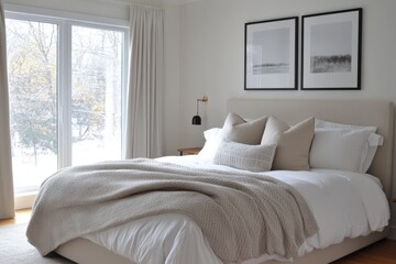 Fototapeta premium Tranquil winter bedroom with soft layered blankets and warm lighting