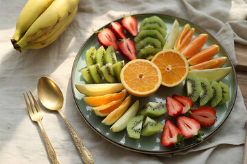 Colorful fruit platter with bananas, strawberries, kiwi, orange, and carrots, beautifully arranged.