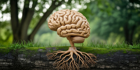 Brain resembling a tree with roots, symbolizing growth, knowledge, and the power of thought.