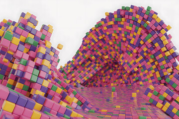 Vibrant, colorful blocks form a swirling, abstract tunnel, creating a playful, dynamic visual.