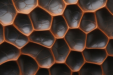 Intricate pattern of dark, glossy hexagons with warm orange highlights, resembling textured scales.