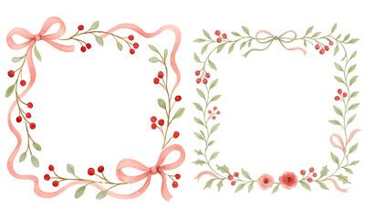 Obraz premium Christmas Bow and Berry Frame Clipart | Watercolor Green Leaves Border