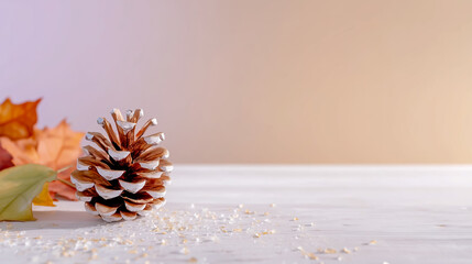 松ぼっくりと紅葉の葉、柔らかなグラデーション背景