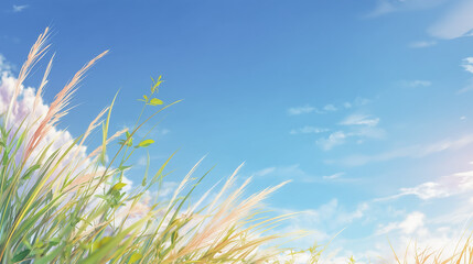 青い空と白い雲、風に揺れる豊かな草木の風景