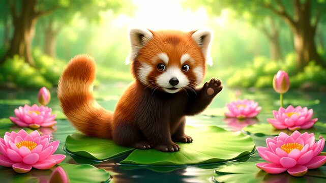 Animated red panda sitting on lily pad in serene aquatic environment