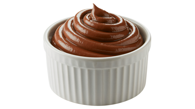 Rich chocolate pudding swirled in a white ramekin, a decadent dessert treat