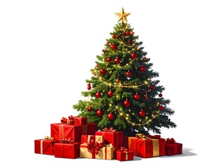 Isolated Christmas Tree and Gifts on White Background for Design
decorated Christmas tree stands tall, perfectly isolated against a clean white background. 