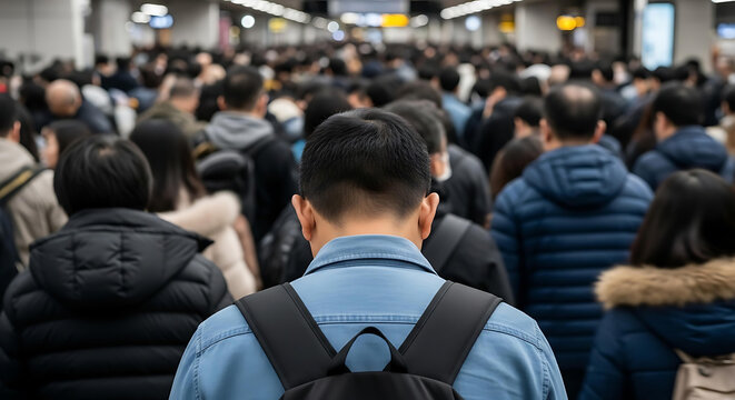 Crowd of Commuters Walking Through Busy Subway Station. A large group of people walking through a crowded subway station during rush hour, symbolizing urban life and daily commute.
