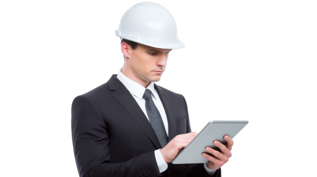 Businessman wearing white safety helmet using digital tablet, focused expression, isolated transparency background, concept of construction management, technology, professional engineering