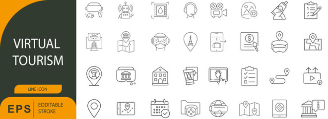 Virtual Tourism Line Icon Pack – Editable Stroke Vector Symbols of Digital Travel, Navigation, and Exploration Tools