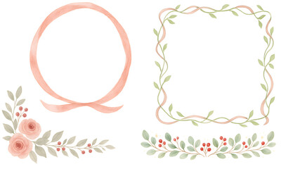 Obraz premium Floral and Ribbon Frames Clipart | Watercolor Christmas Borders with Berries