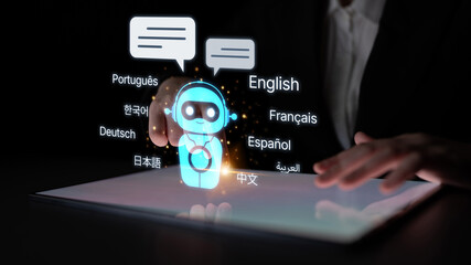 Global communication with multiple languages, digital translation tools, multilingual technology,...