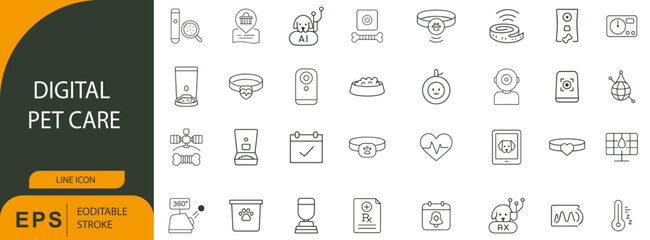Digital Pet Care Line Icon Pack – Editable Stroke Vector Symbols of Smart Pet Technology and Veterinary Services