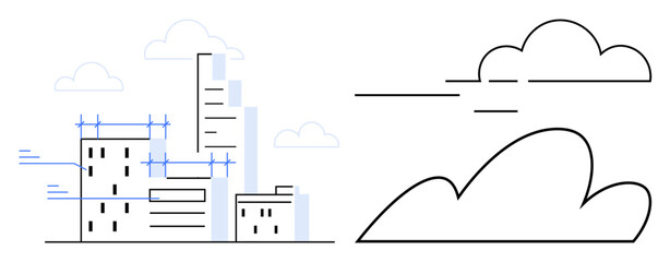 Obraz premium Abstract city buildings in a blueprint style paired with simple cloud outlines. Ideal for architecture, urban planning, design, creativity, conceptual thinking, innovation, and minimalism. A simple