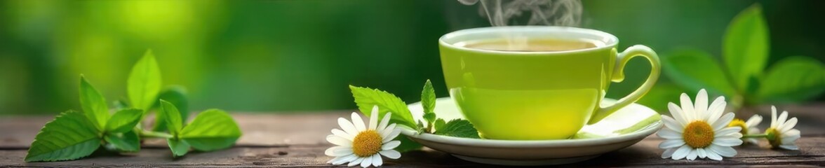 Steaming cup of vibrant green tea, surrounded by fresh mint leaves and chamomile flowers, offering a tranquil and healthy scene , healthy drink, zen