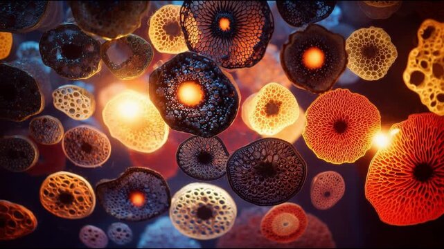 An abstract video background with slowly moving objects that look like bacteria under a microscope.