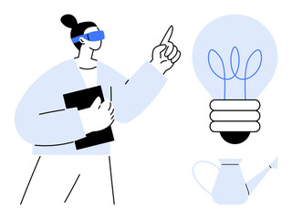 Person wearing VR glasses pointing toward a glowing light bulb while holding a tablet near a watering can. Ideal for innovation, technology, inspiration, creativity, problem-solving, learning