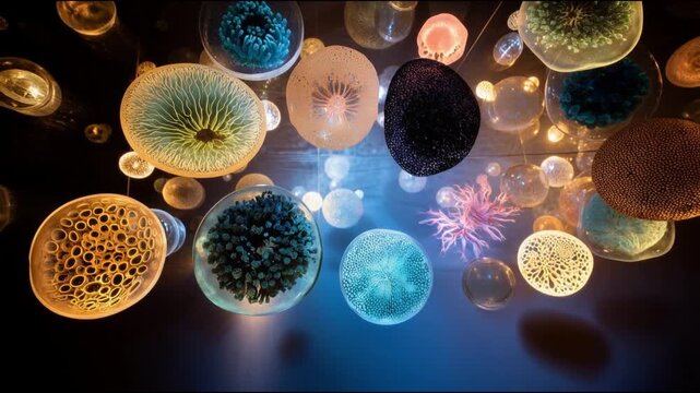 An abstract video background with slowly moving objects that look like bacteria under a microscope.