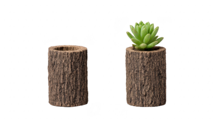 Wooden log planter succulent plant rustic style natural texture eco friendly decor isolated on transparency background minimalist design earthy tone indoor plant home accent