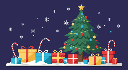 Vibrant Christmas tree surrounded by festive gifts and falling snowflakes creates a joyful holiday scene perfect for seasonal celebrations and promotions.