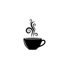 Black and white illustration of a steaming cup of coffee or tea, with stylized swirls of vapor rising.