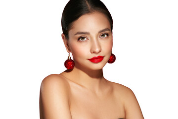 Portrait of beautiful young woman on transparent background, red lipstick and festive makeup,...