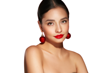 Portrait of beautiful young woman on transparent background, red lipstick and festive makeup, Christmas toy earrings, shiny glowing skin, Winter holidays concept