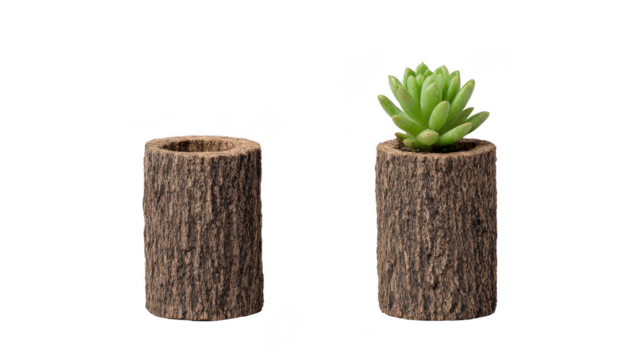 Wooden log planter succulent plant rustic style natural texture eco friendly decor isolated on transparency background minimalist design earthy tone indoor plant home accent