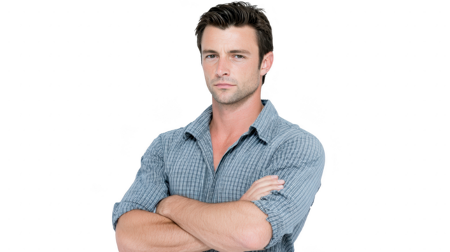Serious man arms crossed plaid shirt casual confident adult male isolated transparency background short hair Confident adult male with short hair wearing plaid shirt arms crossed standing isolated