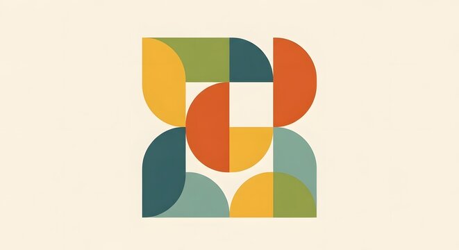 Abstract geometric pattern with rounded squares and semi-circles in warm and cool colors.