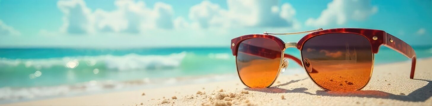 Stylish sunglasses perched on a sun-drenched beach, reflecting the vibrant summer sky Perfect for travel, vacation, and summer lifestyle concepts Enjoy the bright sunshine , beach, ocean
