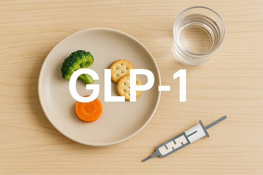 GLP1 concept with syringe, plate with vegetables, crackers on light wood background