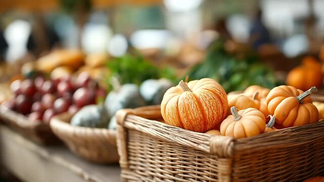 Autumn market with pumpkins and gourds, thriving commerce in seasonal trade, market innovation through harvest goods, agricultural vitality in fall produce, consumer trends in fest