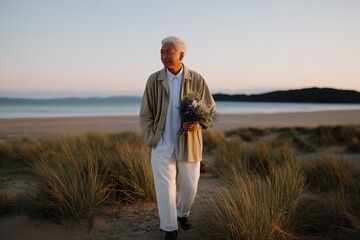 Elderly asian male strolling on beach holding flowers at sunset
