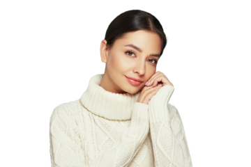Portrait of young happy beautiful woman smiling and looking away, isolated on transparent background in a warm white sweater. Concept of winter promo sale