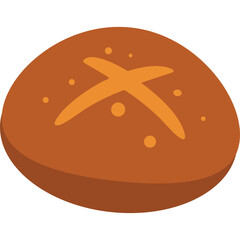 Simple Round Brown Bread with Cross Pattern on Top and Small Dots Scattered Across the Surface Isolated on White Background