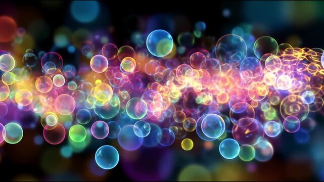 Neon glowing bubbles slowly rising against a black background. A beautiful, vibrant background for congratulatory videos