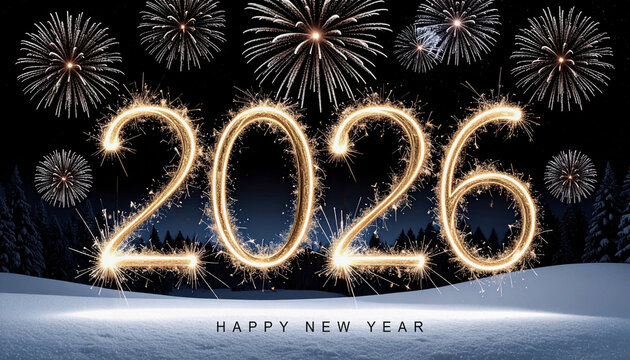 2026 New Year Celebration with Sparkler Fireworks in Winter Night Background