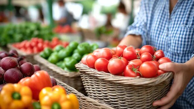 Busy farmers' market with diverse produce, thriving commerce in community trade, market innovation through vibrant stalls, agricultural vitality in market abundance, consumer trend