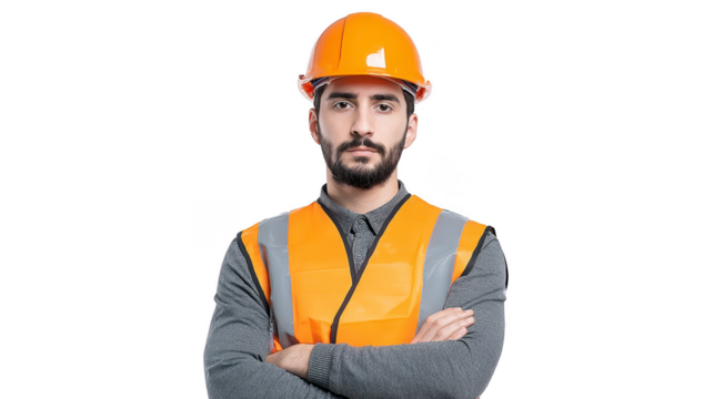 Confident male construction worker wearing orange safety vest and hard hat, standing with arms crossed, isolated on transparency background, showing determination and professionalism