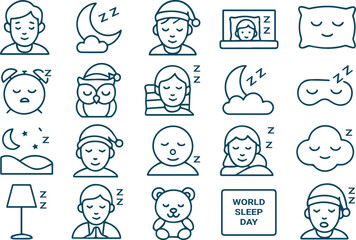 Fototapeta premium Collection of sleeprelated icons isolated on white background, featuring sleeping faces, moon, stars, alarm clock, teddy bear, and world sleep day sign in outline style