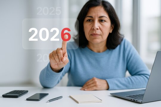 Woman touching digital 2026 button in office setting, concept for new year