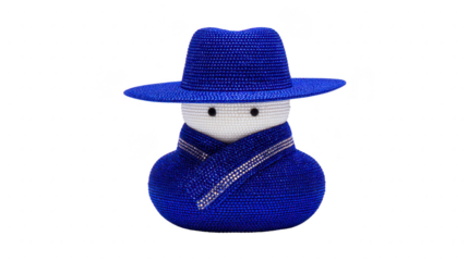 Blue crystal snowman figurine with wide brimmed hat and scarf, sparkling surface, white face, black eyes, isolated on transparent background, whimsical and decorative