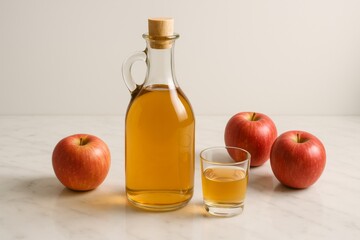 Apple cider vinegar bottle and glass with apples on marble background