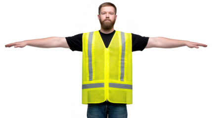 Man wearing yellow safety vest with reflective stripes, arms extended sideways, standing against transparency background, serious expression, construction or industrial worker concept