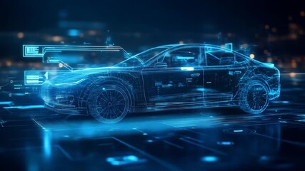 Holographic car model superimposed on circuit board with digital data - Powered by Adobe